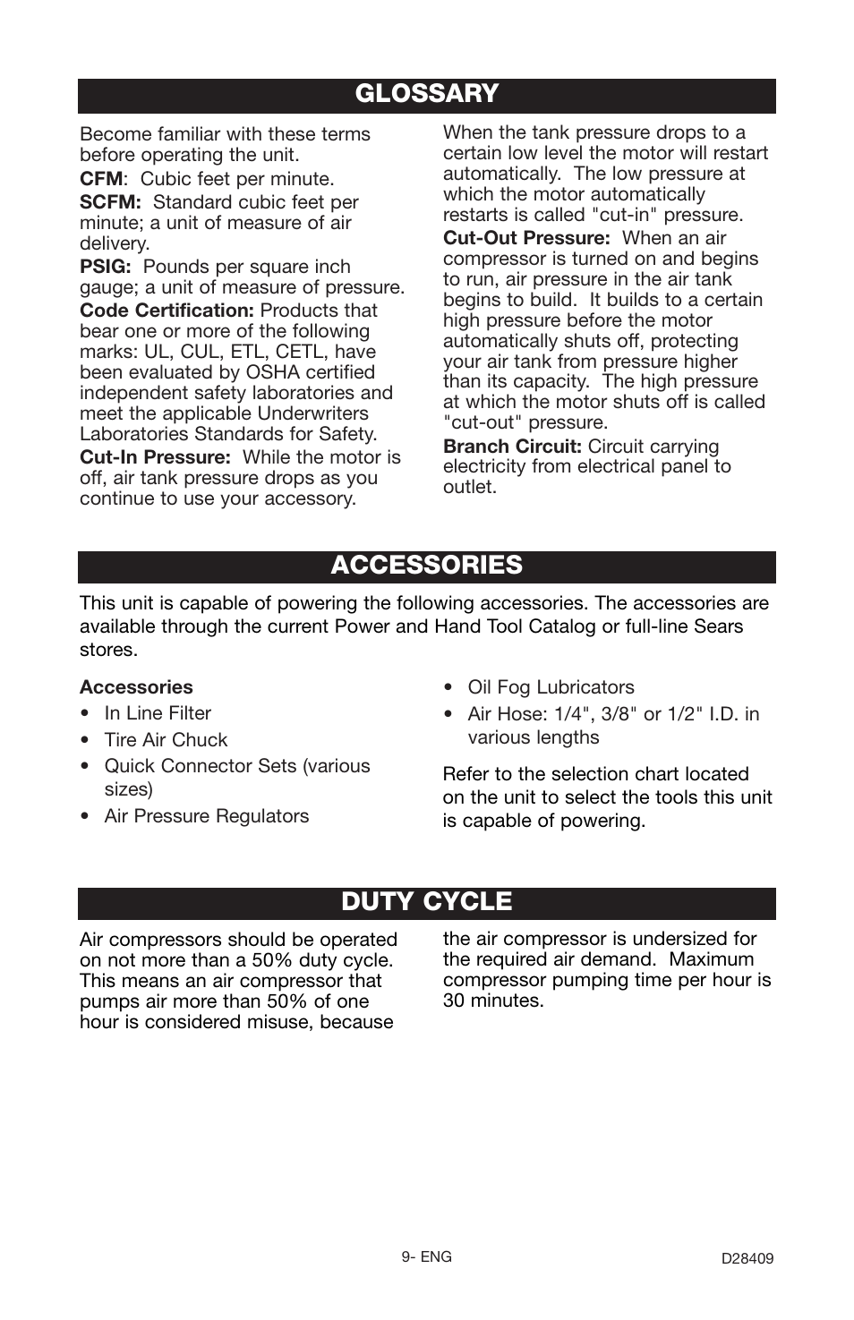 Accessories, Glossary, Duty cycle | Craftsman 919.167362 User Manual | Page 9 / 48