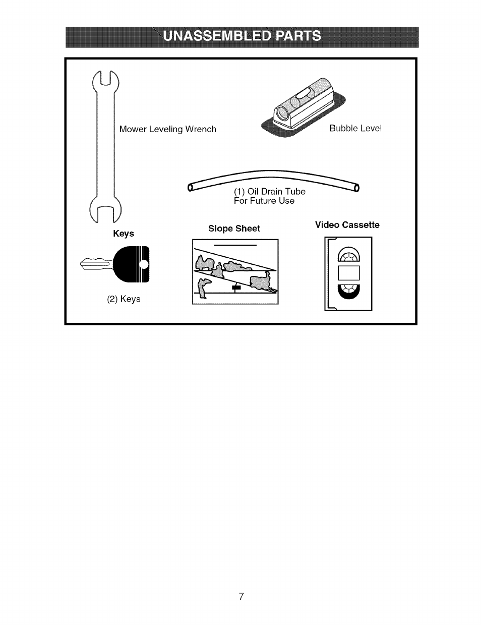 Video cassette, Unassembled parts | Craftsman 917.274040 User Manual | Page 7 / 56