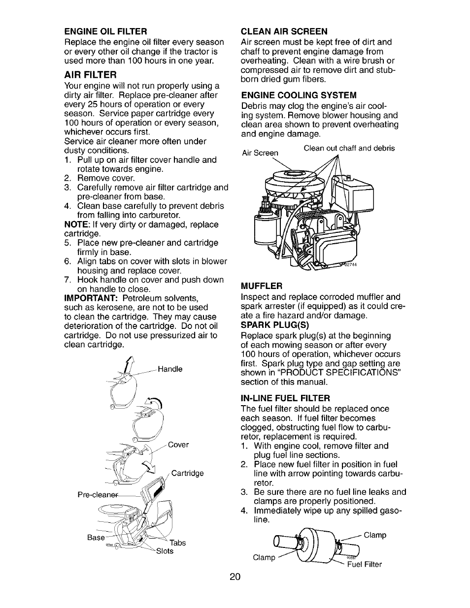 Engine oil filter, Clean air screen, Engine cooling system | Muffler, Spark plug(s), In-line fuel filter | Craftsman 917.273392 User Manual | Page 20 / 56