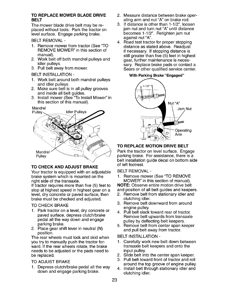 To replace mower blade drive, To check and adjust brake, To replace motion drive belt | Craftsman 917.273392 User Manual | Page 23 / 56