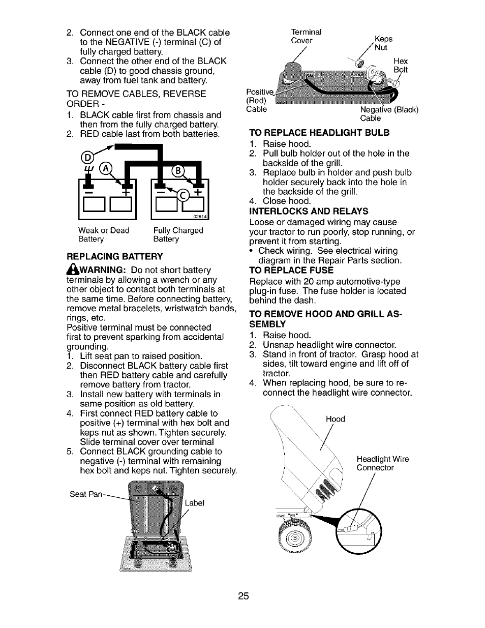 Replacing battery, To replace headlight bulb, To remove hood and grill assembly | Craftsman 917.273392 User Manual | Page 25 / 56
