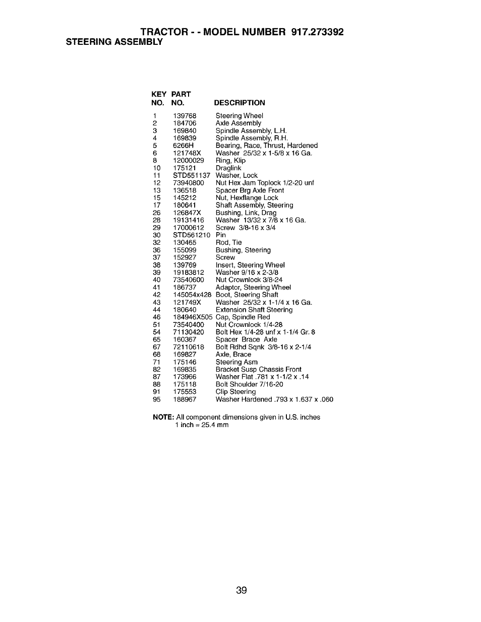 Tractor, Steering assembly | Craftsman 917.273392 User Manual | Page 39 / 56