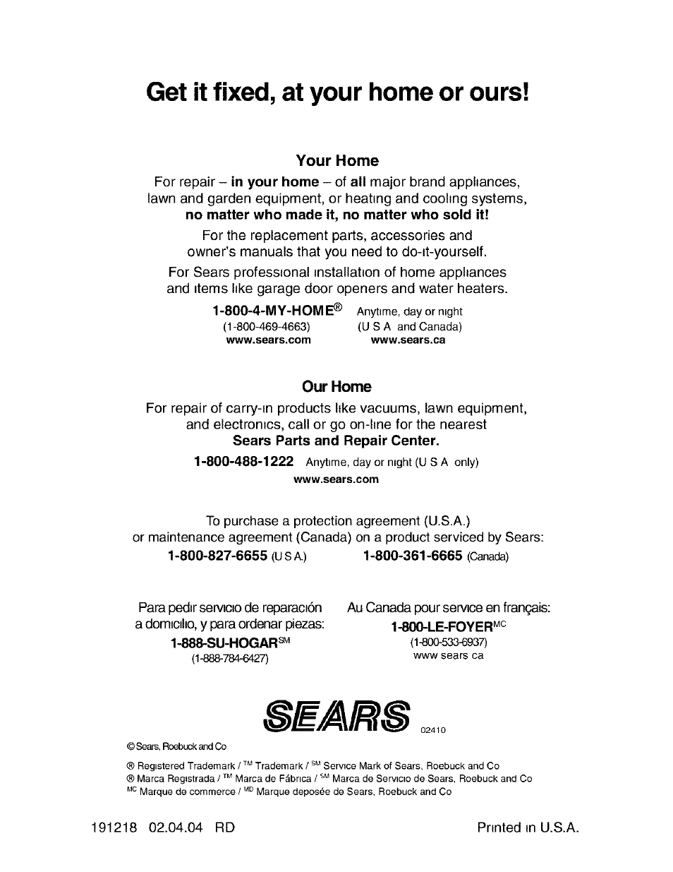 Get it fixed, at your home or ours, Your home, Our home | Craftsman 917.273392 User Manual | Page 56 / 56