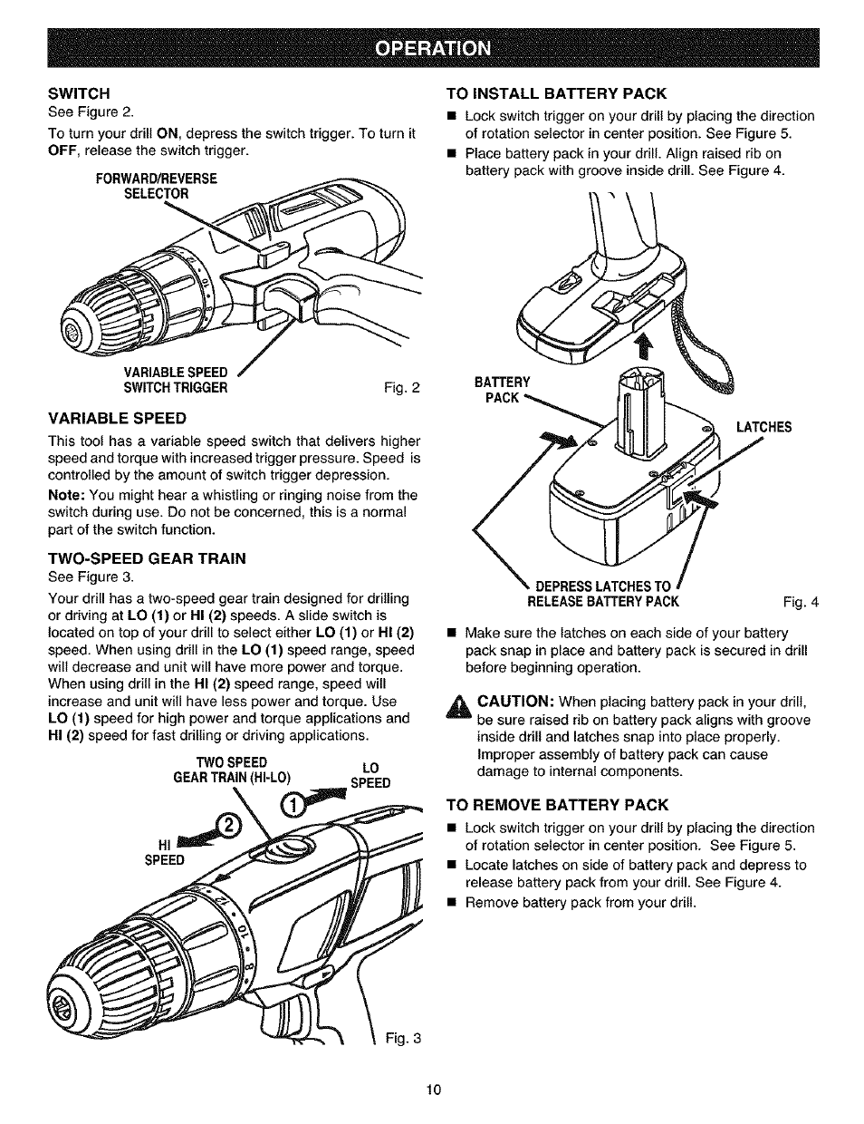 Switch, Variable speed, Two-speed gear train | To install battery pack, To remove battery pack, Operation | Craftsman 315.11461 User Manual | Page 10 / 18