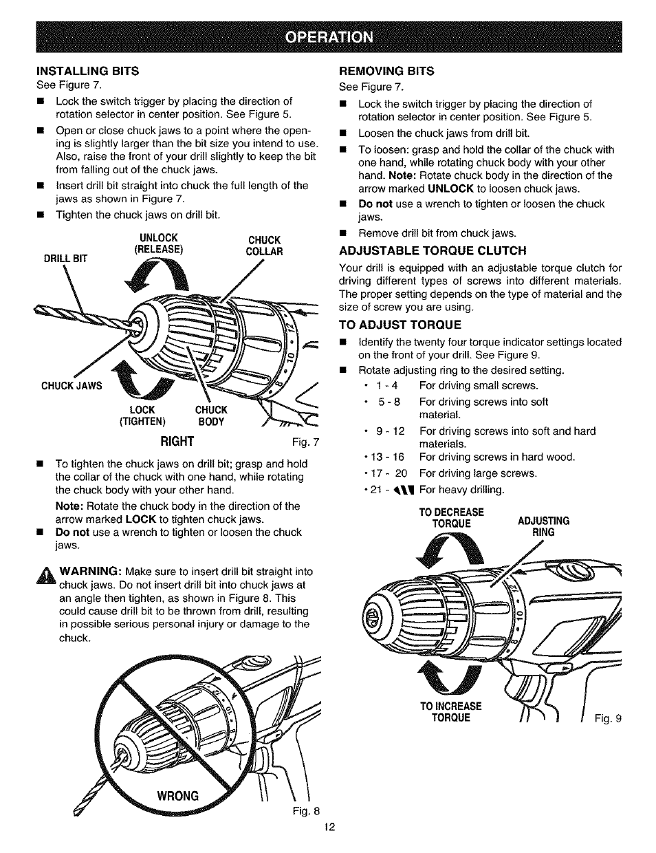 Installing bits, Removing bits, Adjustable torque clutch | To adjust torque, Operation | Craftsman 315.11461 User Manual | Page 12 / 18