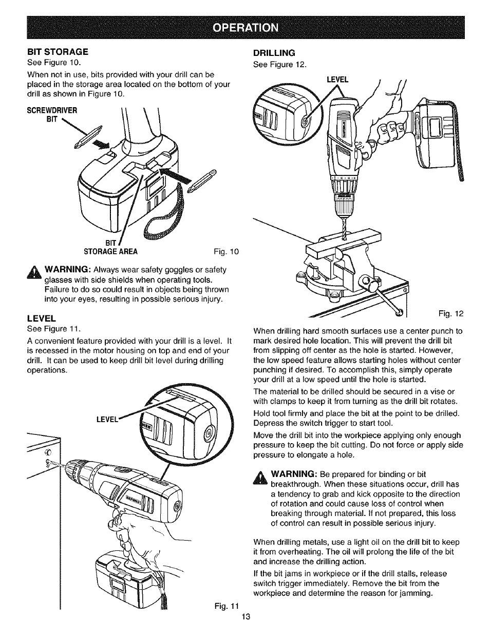 Bit storage, Drilling, Level | Operation | Craftsman 315.11461 User Manual | Page 13 / 18