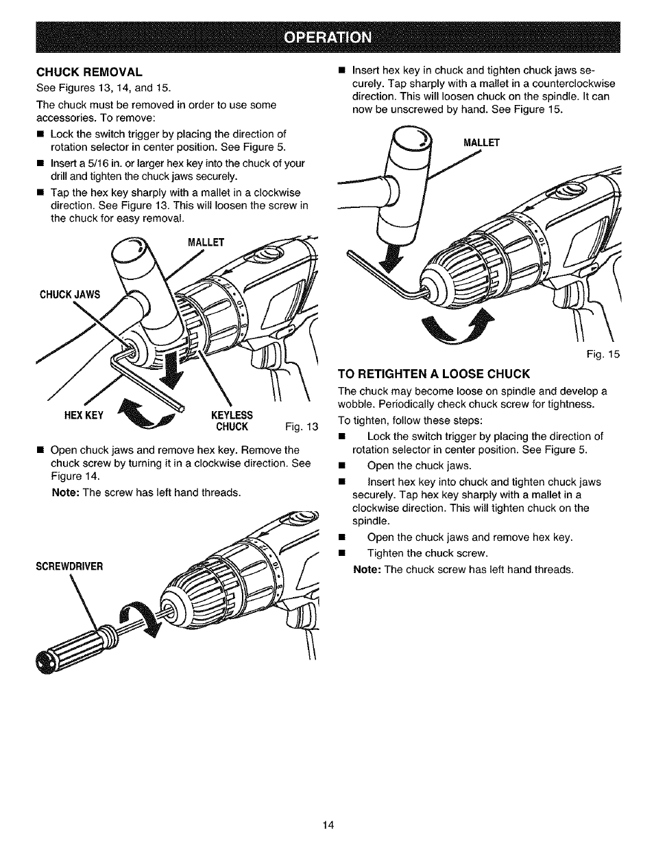 Chuck removal, To retighten a loose chuck, Operation | Craftsman 315.11461 User Manual | Page 14 / 18