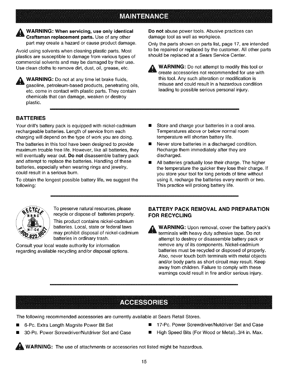 Maintenance, Batteries, Battery pack removal and preparation for recycling | Accessories | Craftsman 315.11461 User Manual | Page 15 / 18