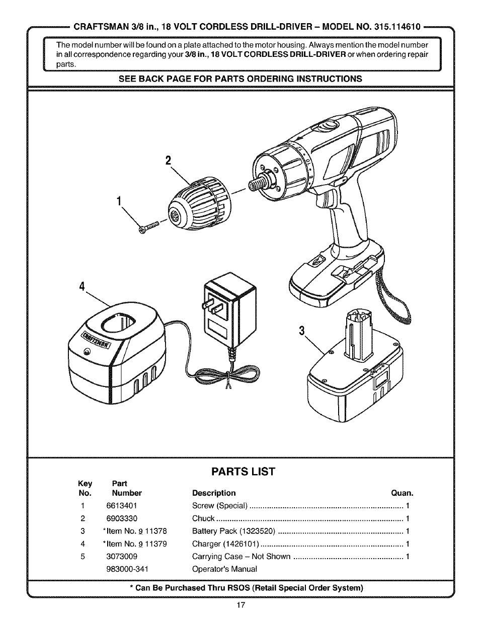 Parts list | Craftsman 315.11461 User Manual | Page 17 / 18