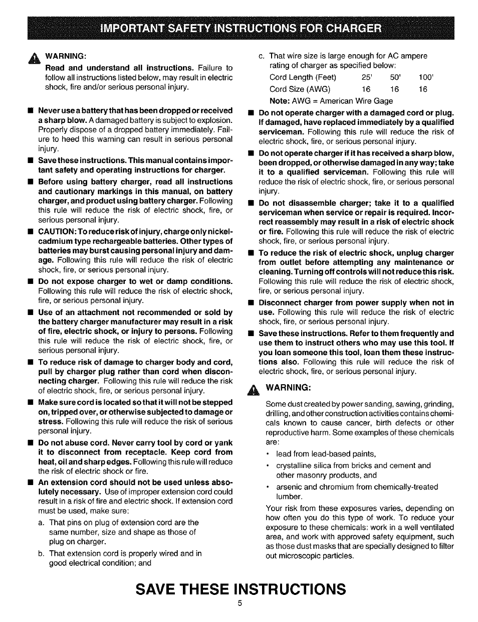 Important safety instructions for charger, Warning, Save these instructions | Craftsman 315.11461 User Manual | Page 5 / 18