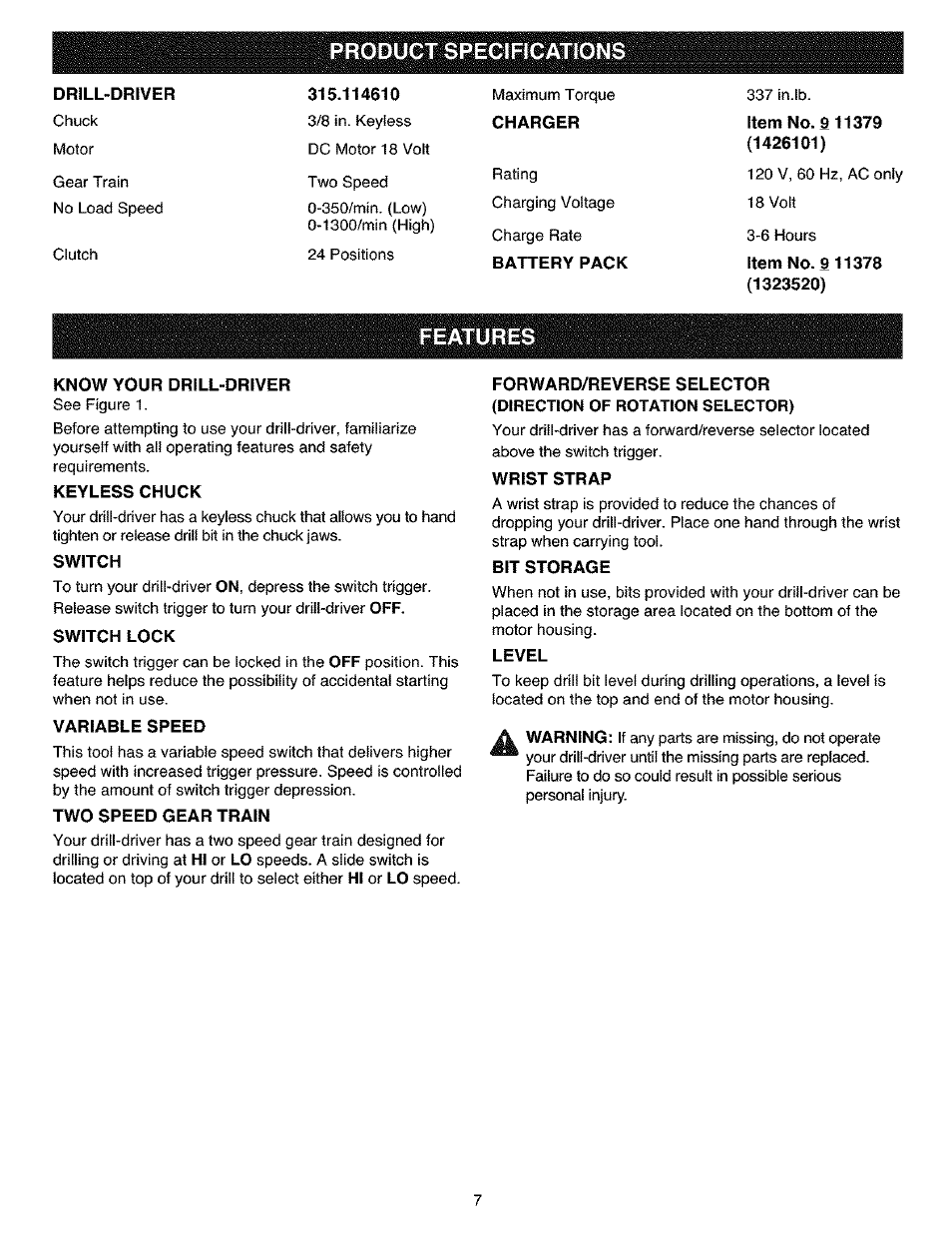 Product specifications, Drill-driver, Features | Know your drill-driver, Keyless chuck, Switch, Switch lock, Variable speed, Two speed gear train, Wrist strap | Craftsman 315.11461 User Manual | Page 7 / 18