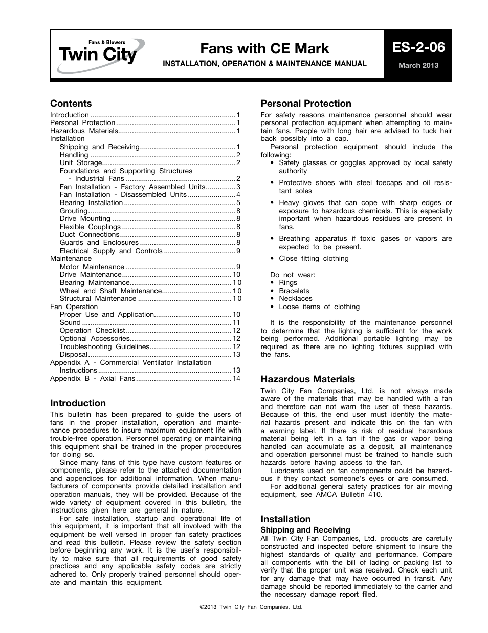 Twin City Fans With CE Mark - ES-2-06 User Manual | 16 pages