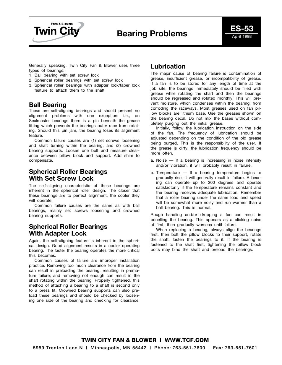 Twin City Bearing Problems - ES-53 User Manual | 1 page