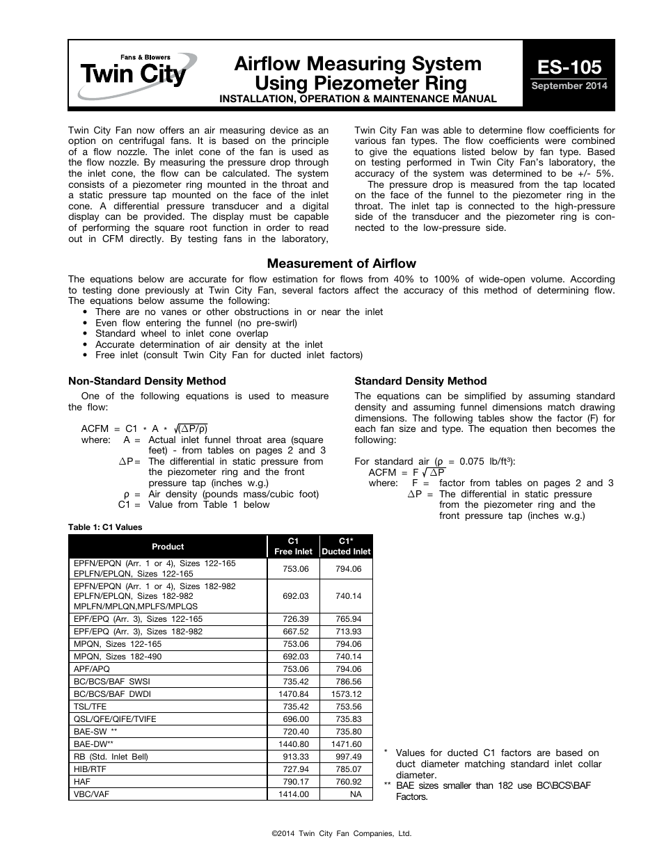 Twin City Airflow Measuring System Using Piezometer Ring - ES-105 User Manual | 4 pages