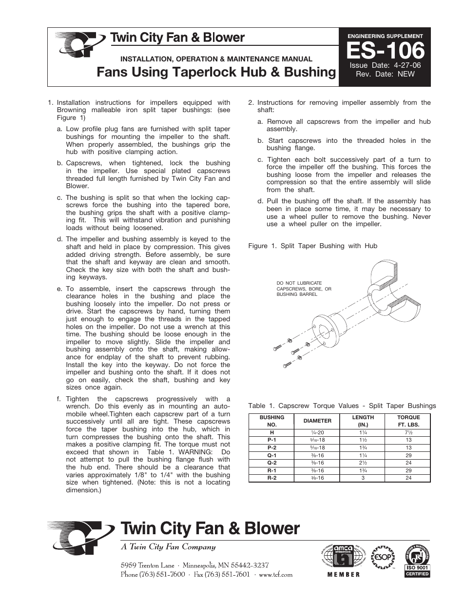 Twin City Fans Using Taperlock Hub & Bushing - ES-106 User Manual | 1 page