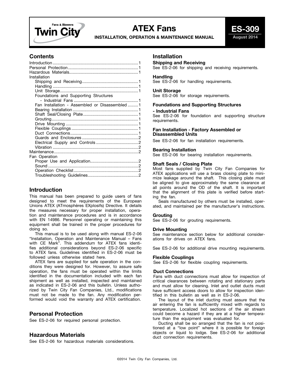 Twin City ATEX Fans - ES-309 User Manual | 2 pages