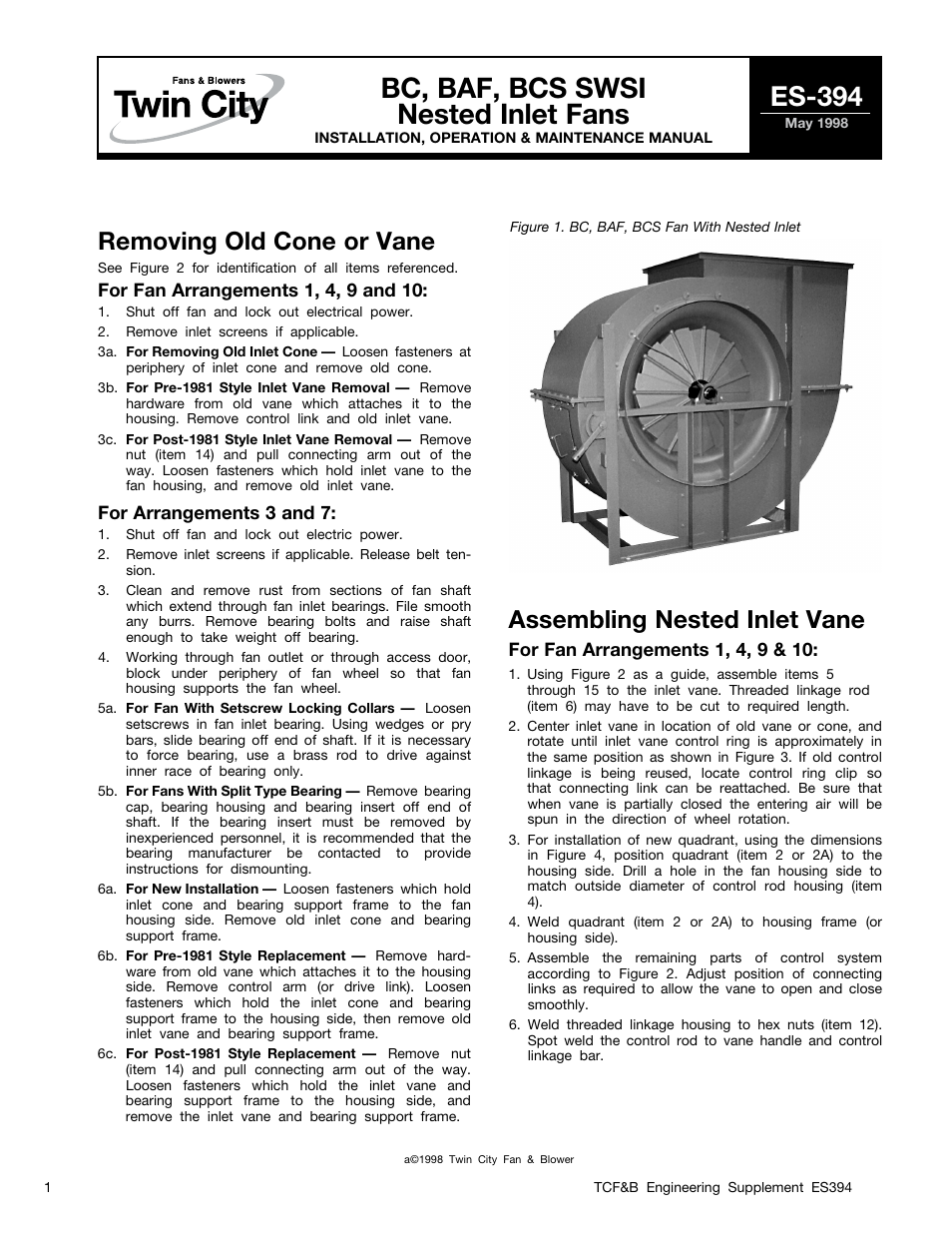 Twin City SWSI Nested Inlet Vanes - ES-394 User Manual | 4 pages