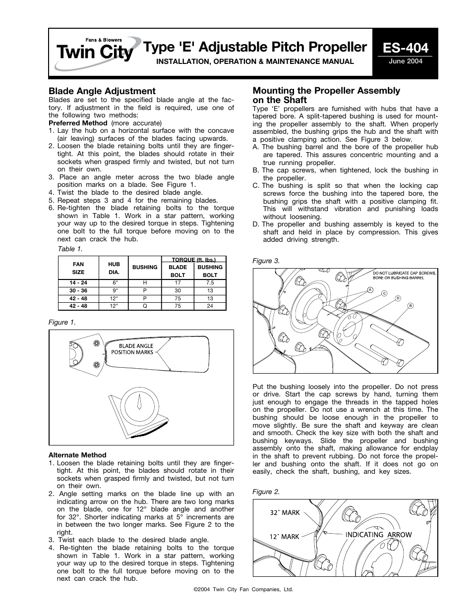 Twin City Type ‘E’ Adjustable Pitch Propeller - ES-404 User Manual | 2 pages