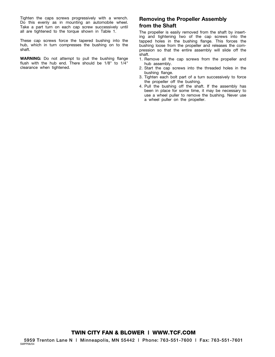 Removing the propeller assembly from the shaft | Twin City Type ‘E’ Adjustable Pitch Propeller - ES-404 User Manual | Page 2 / 2