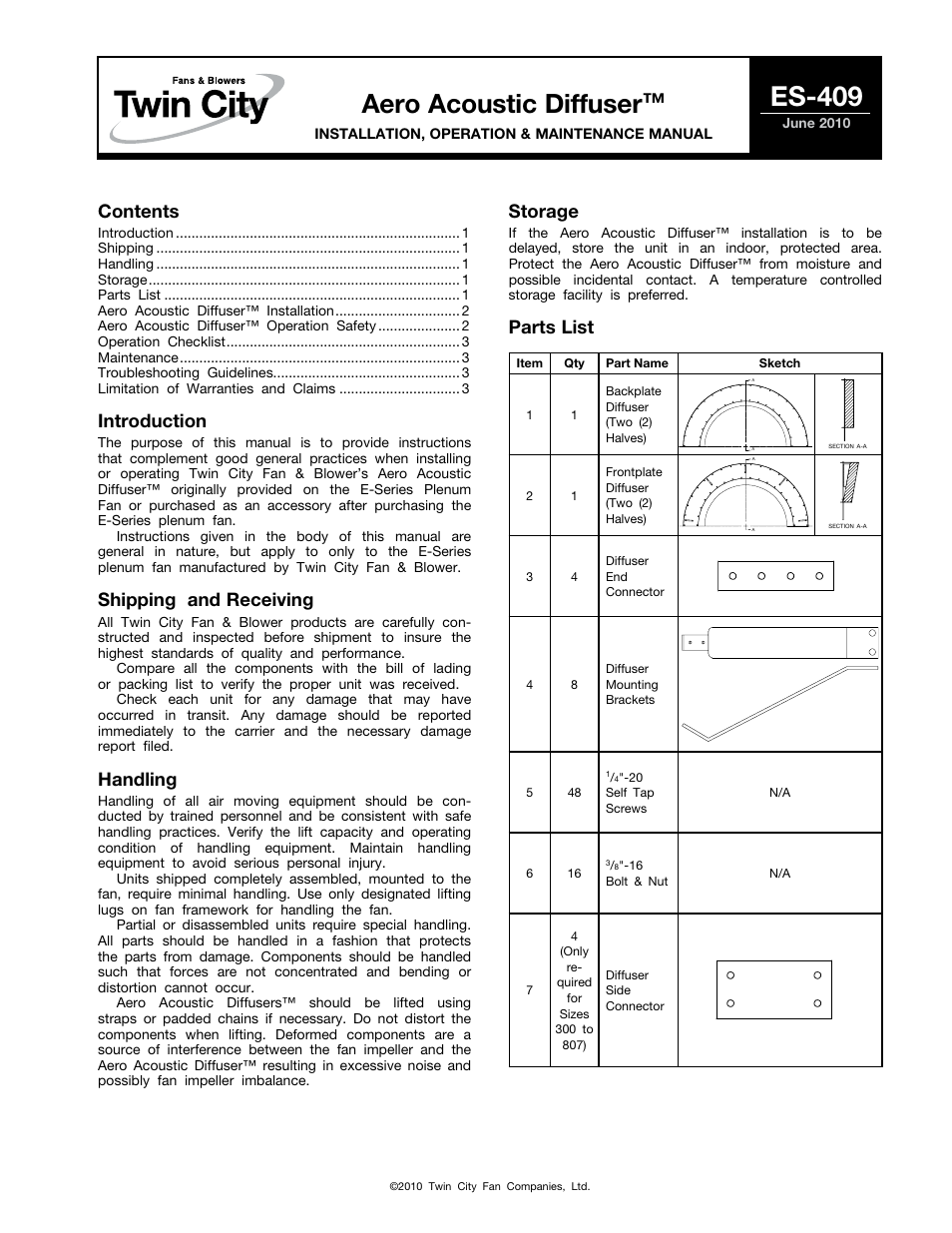 Twin City Aero Acoustic Diffuser - ES-409 User Manual | 4 pages