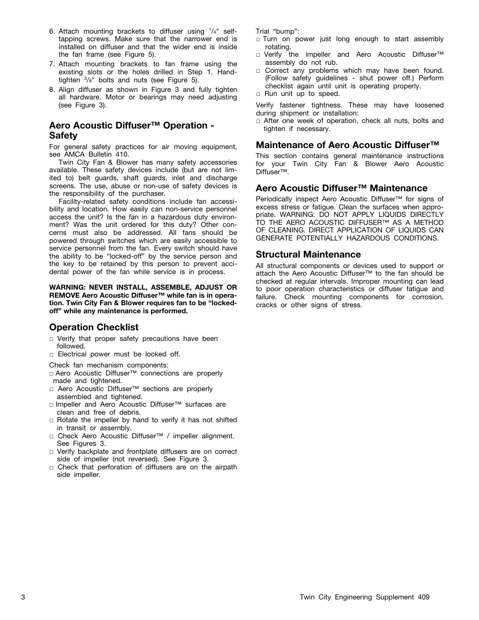 Aero acoustic diffuser™ operation - safety, Operation checklist, Maintenance of aero acoustic diffuser | Aero acoustic diffuser™ maintenance, Structural maintenance | Twin City Aero Acoustic Diffuser - ES-409 User Manual | Page 3 / 4