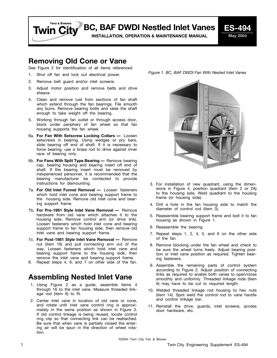 Twin City DWDI Nested Inlet Vanes - ES-494 User Manual | 4 pages