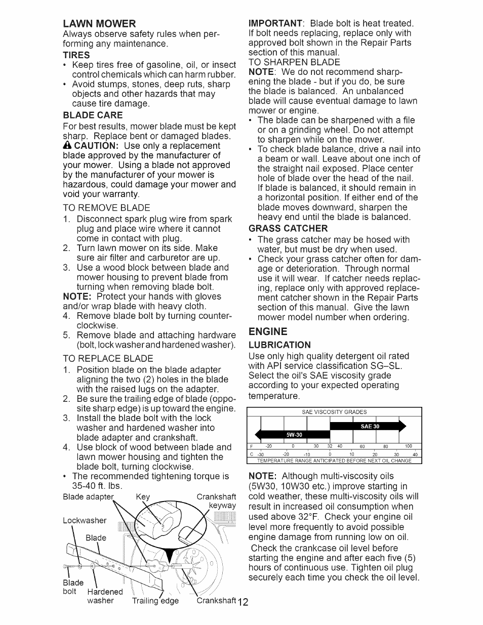 Blade care, Lubrication, Lawn mower | Craftsman 917.389060 User Manual | Page 12 / 44