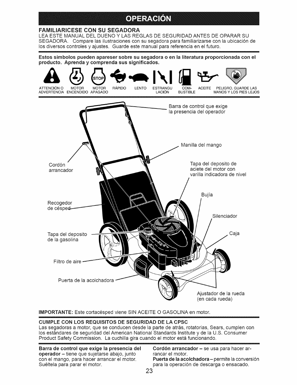 A ^ l\l íq, Operacion, Familiaricese con su segadora | Craftsman 917.389060 User Manual | Page 23 / 44