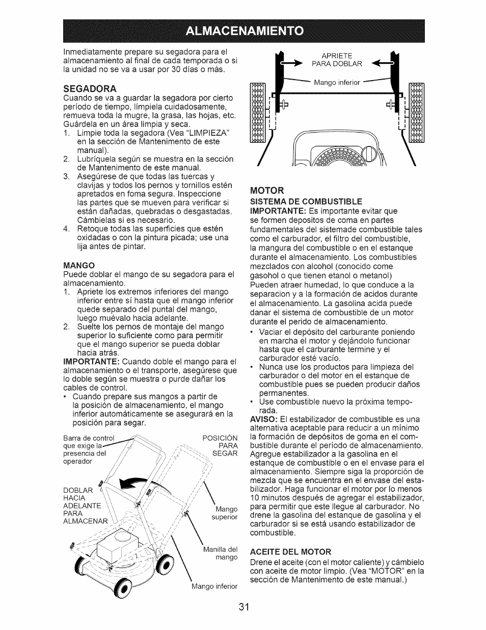 Almacenamiento, Segadora, Motor | Almacenamiento -32, Depósitos | Craftsman 917.389060 User Manual | Page 31 / 44