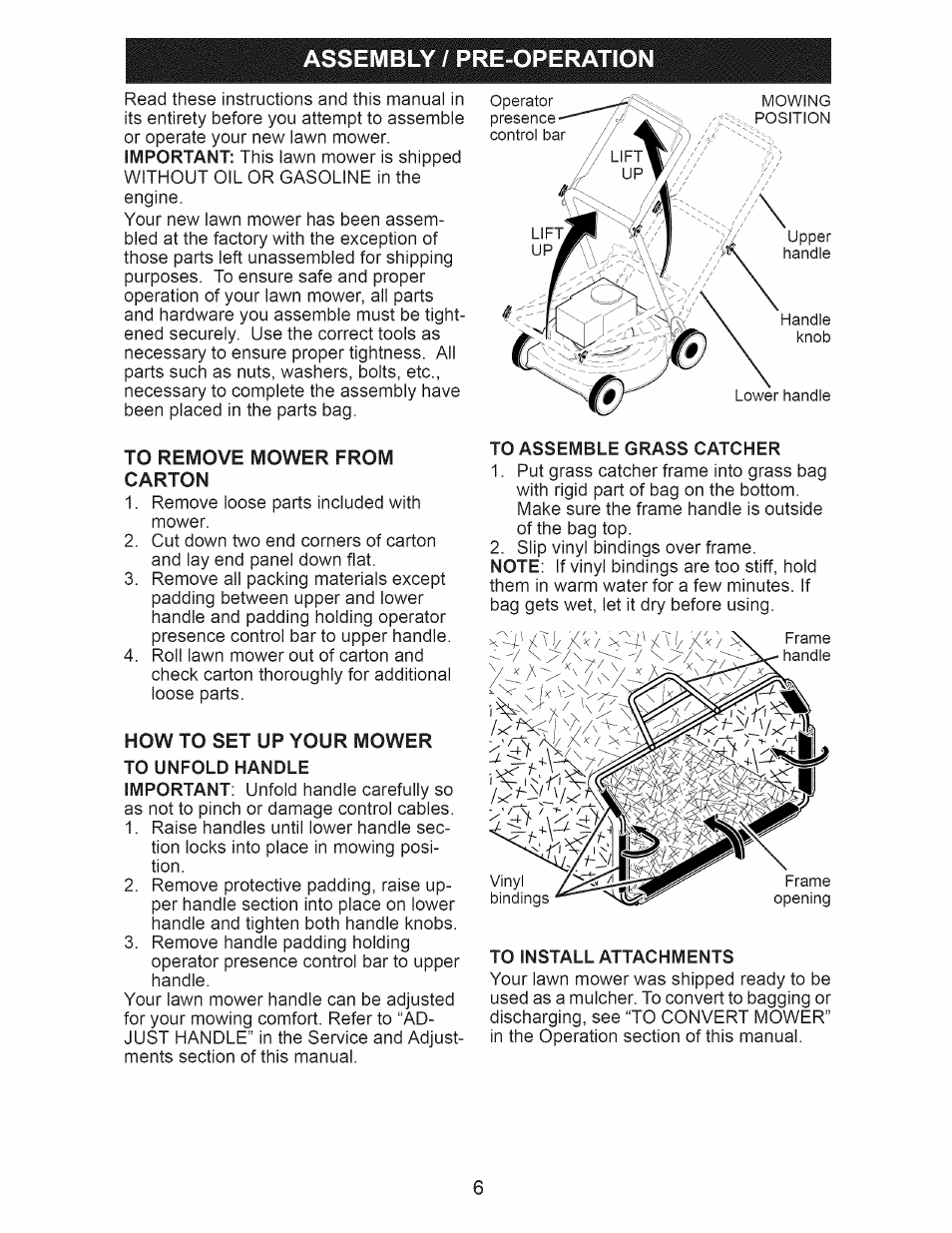 To assemble grass catcher, To install attachments, Assembly / pre-operation | Craftsman 917.389060 User Manual | Page 6 / 44