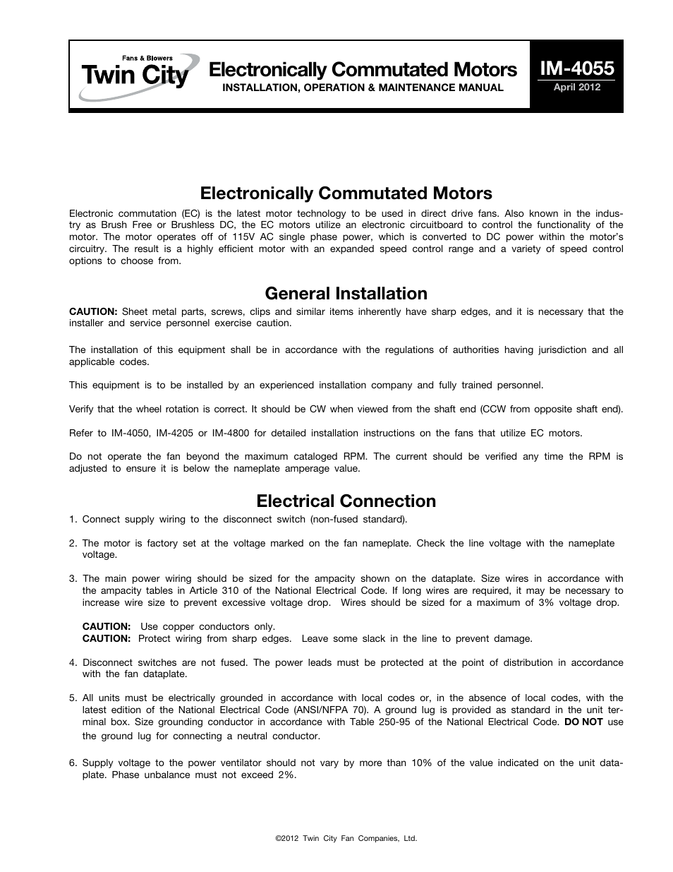 Twin City Electronically Commutated Motors - IM-4055 User Manual | 4 pages