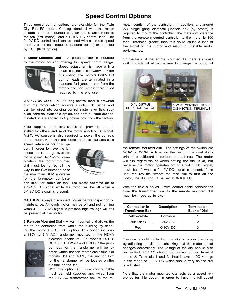 Speed control options | Twin City Electronically Commutated Motors - IM-4055 User Manual | Page 2 / 4