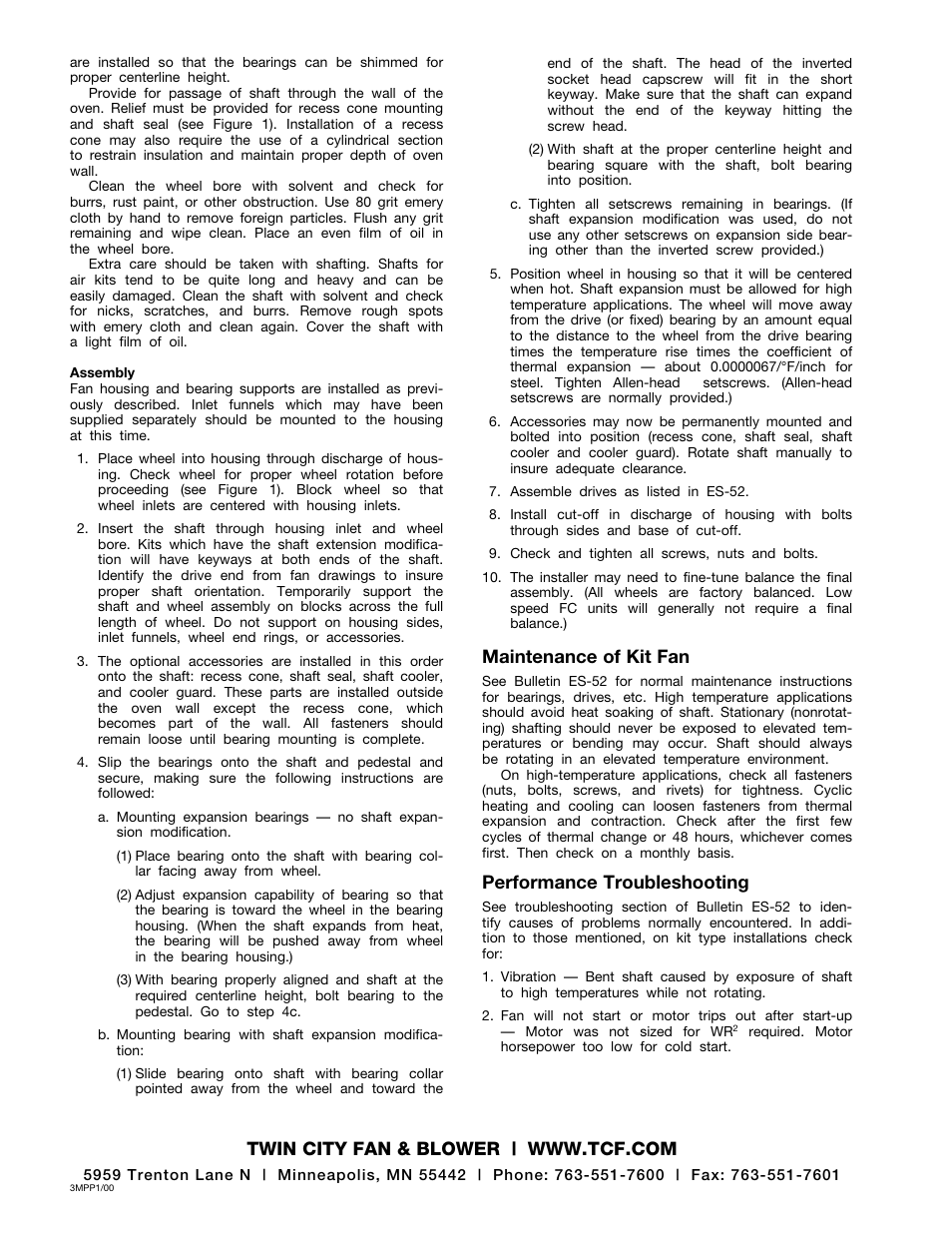 Maintenance of kit fan, Performance troubleshooting | Twin City Air Kit Fans - ES-56 User Manual | Page 2 / 2