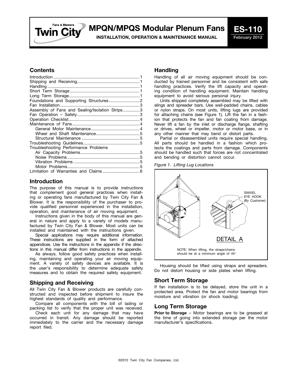 Twin City MPQN/MPQS Modular Plenum Fans - ES-110 User Manual | 8 pages