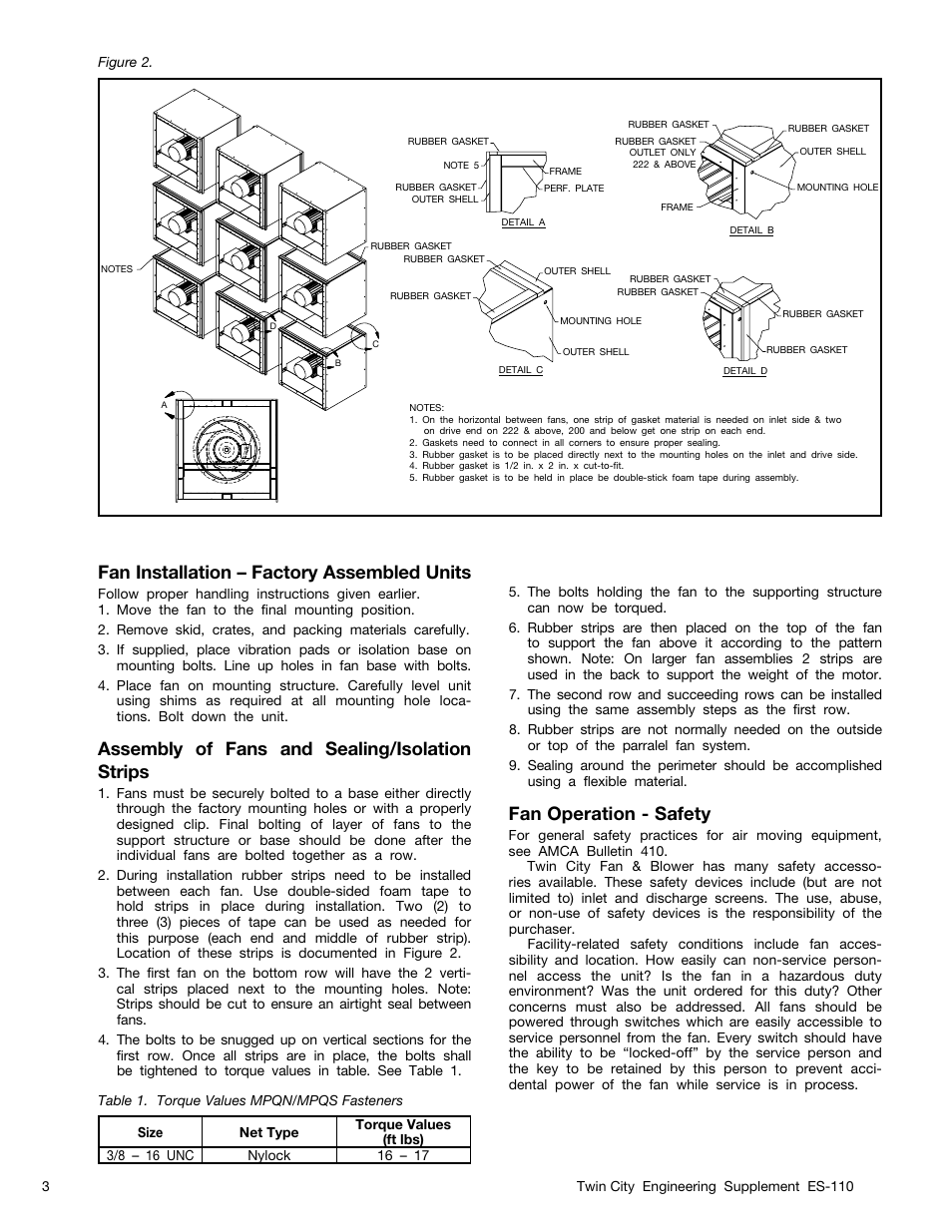 Fan installation – factory assembled units, Assembly of fans and sealing/isolation strips, Fan operation - safety | Twin City MPQN/MPQS Modular Plenum Fans - ES-110 User Manual | Page 3 / 8