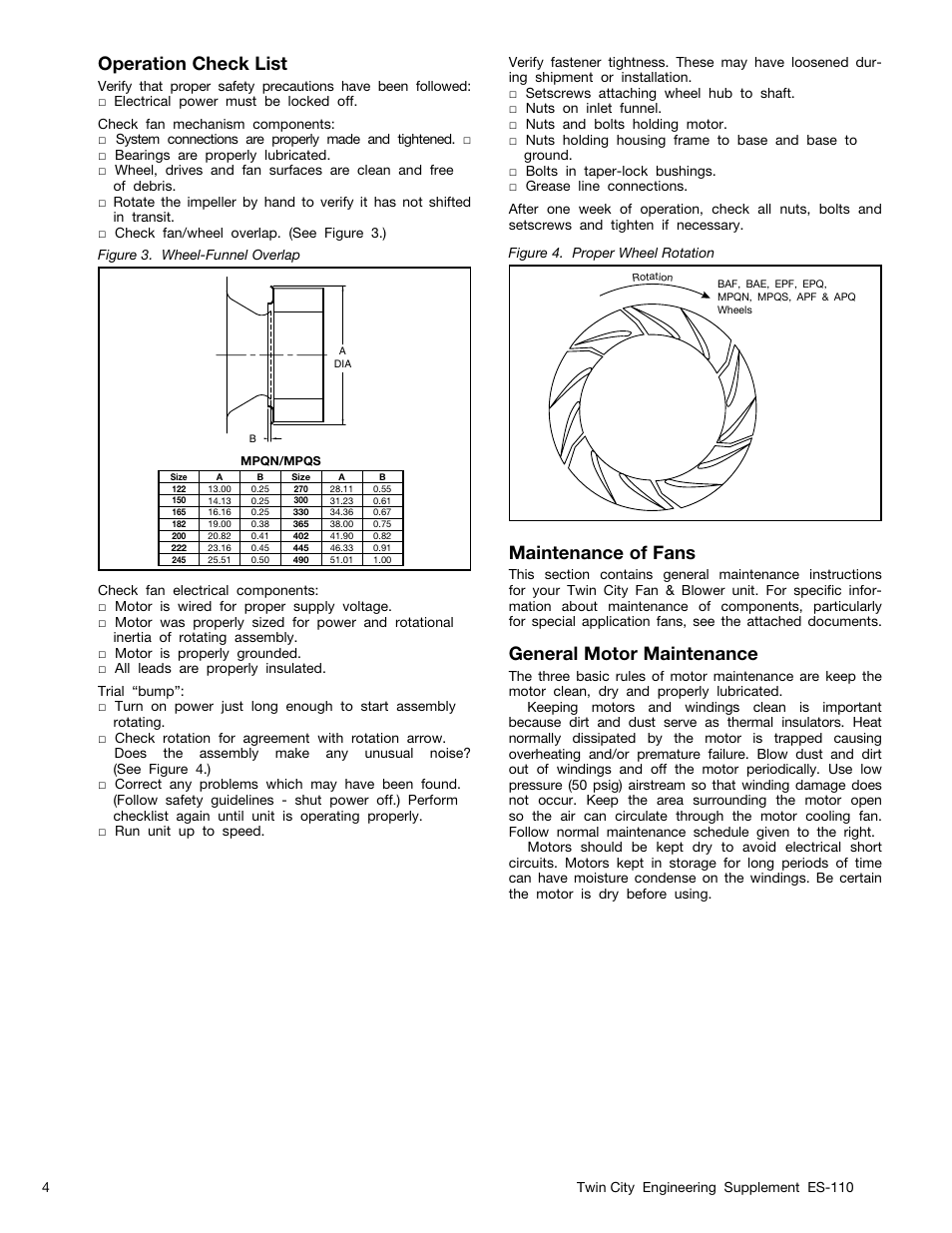 Operation check list, Maintenance of fans, General motor maintenance | Twin City MPQN/MPQS Modular Plenum Fans - ES-110 User Manual | Page 4 / 8