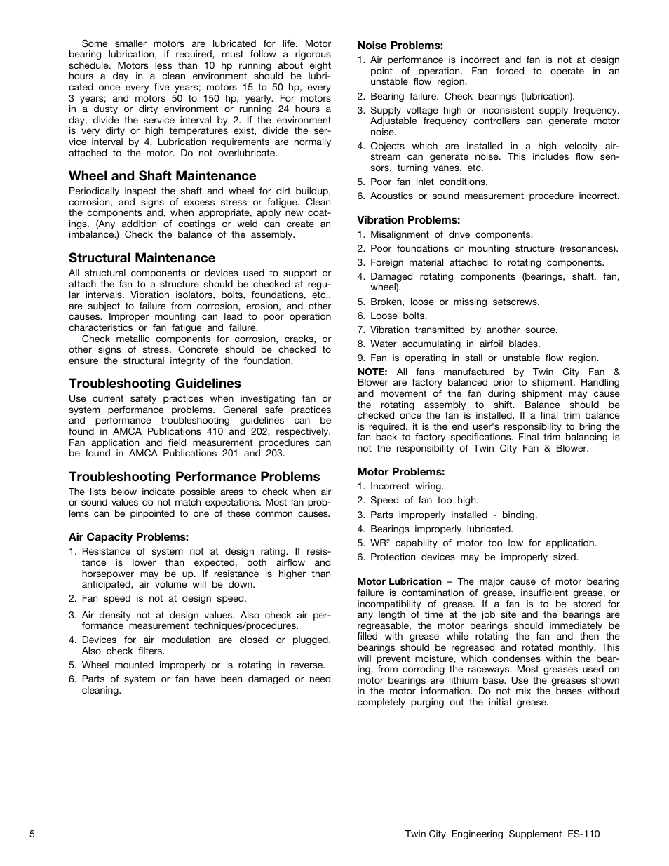 Wheel and shaft maintenance, Structural maintenance, Troubleshooting guidelines | Troubleshooting performance problems | Twin City MPQN/MPQS Modular Plenum Fans - ES-110 User Manual | Page 5 / 8