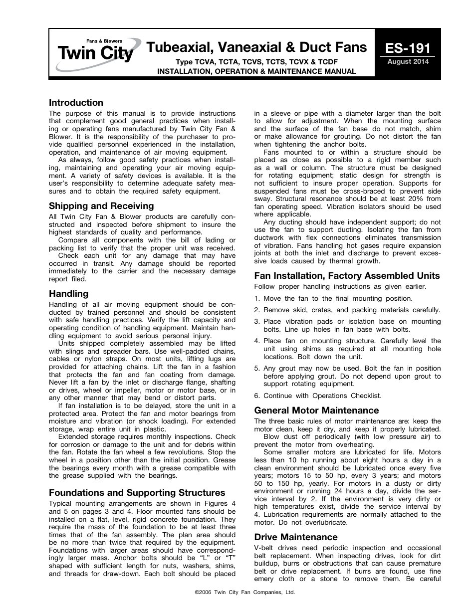 Twin City Tubeaxial, Vaneaxial, & Duct Fans ES-191 User Manual | 4 pages
