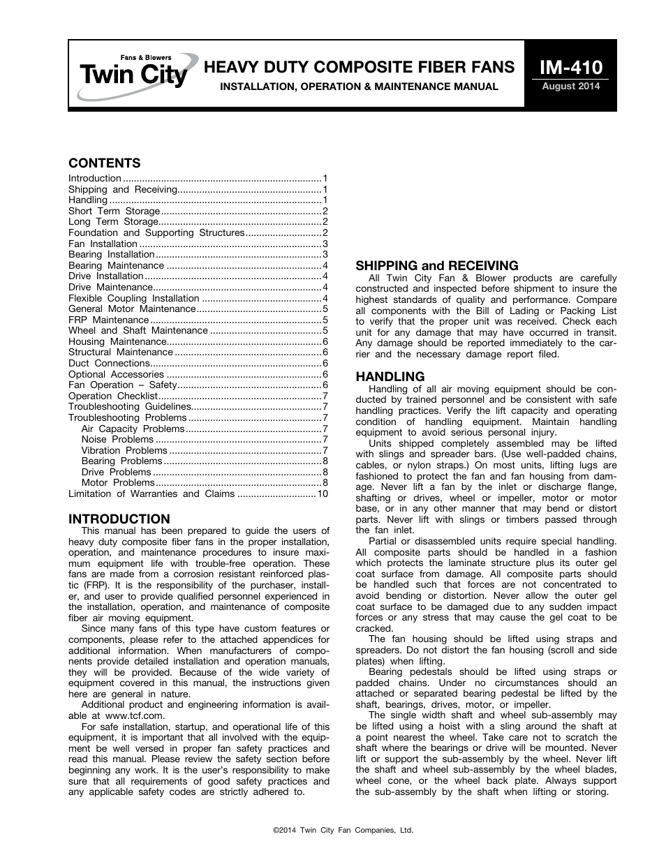 Twin City Heavy Duty Composite Fiber Fans - IM-410 User Manual | 10 pages