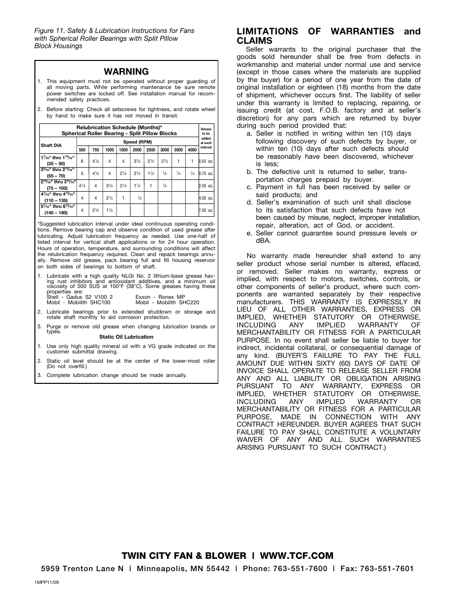 Limitations of warranties and claims, Warning | Twin City Heavy Duty Composite Fiber Fans - IM-410 User Manual | Page 10 / 10