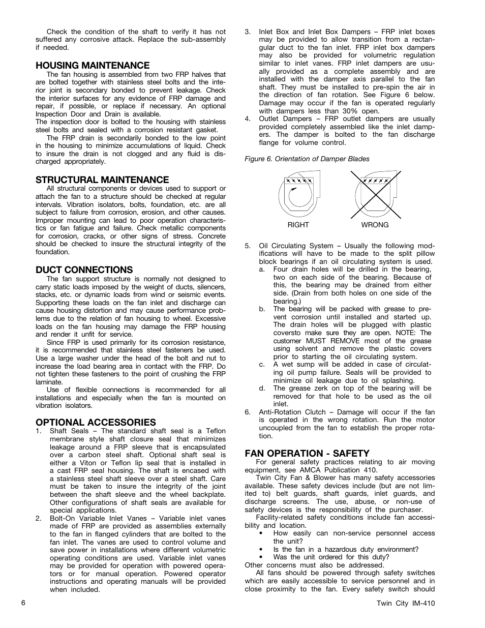 Housing maintenance, Structural maintenance, Duct connections | Optional accessories, Fan operation - safety | Twin City Heavy Duty Composite Fiber Fans - IM-410 User Manual | Page 6 / 10