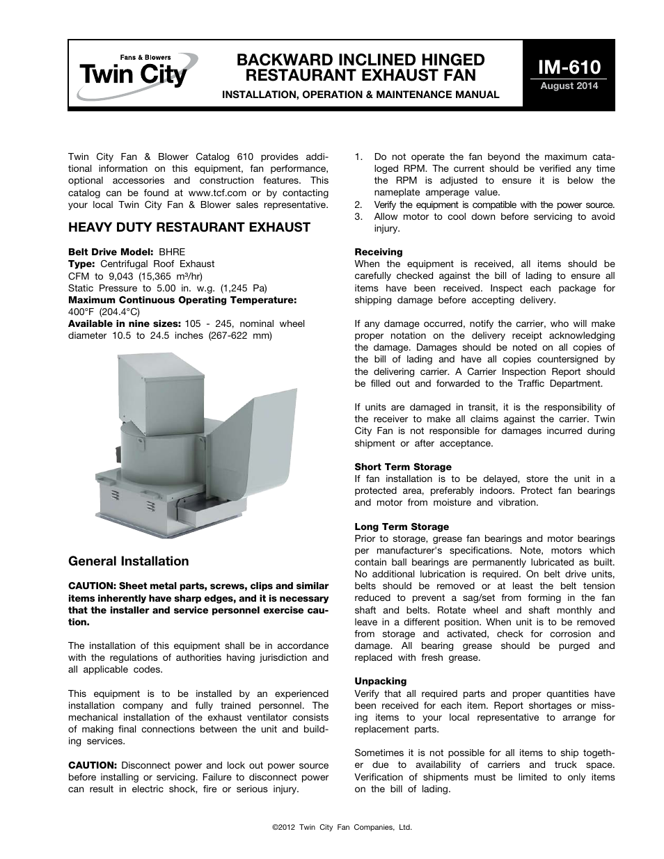 Twin City Backward Inclined Hinged Restaurant Exhaust Fan - BHRE - IM-610 User Manual | 12 pages