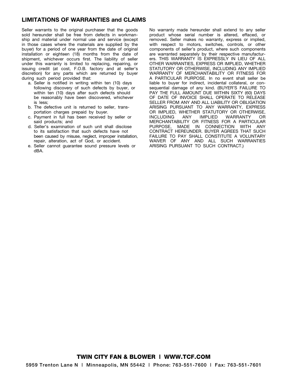 Limitations of warranties and claims | Twin City Backward Inclined Hinged Restaurant Exhaust Fan - BHRE - IM-610 User Manual | Page 12 / 12