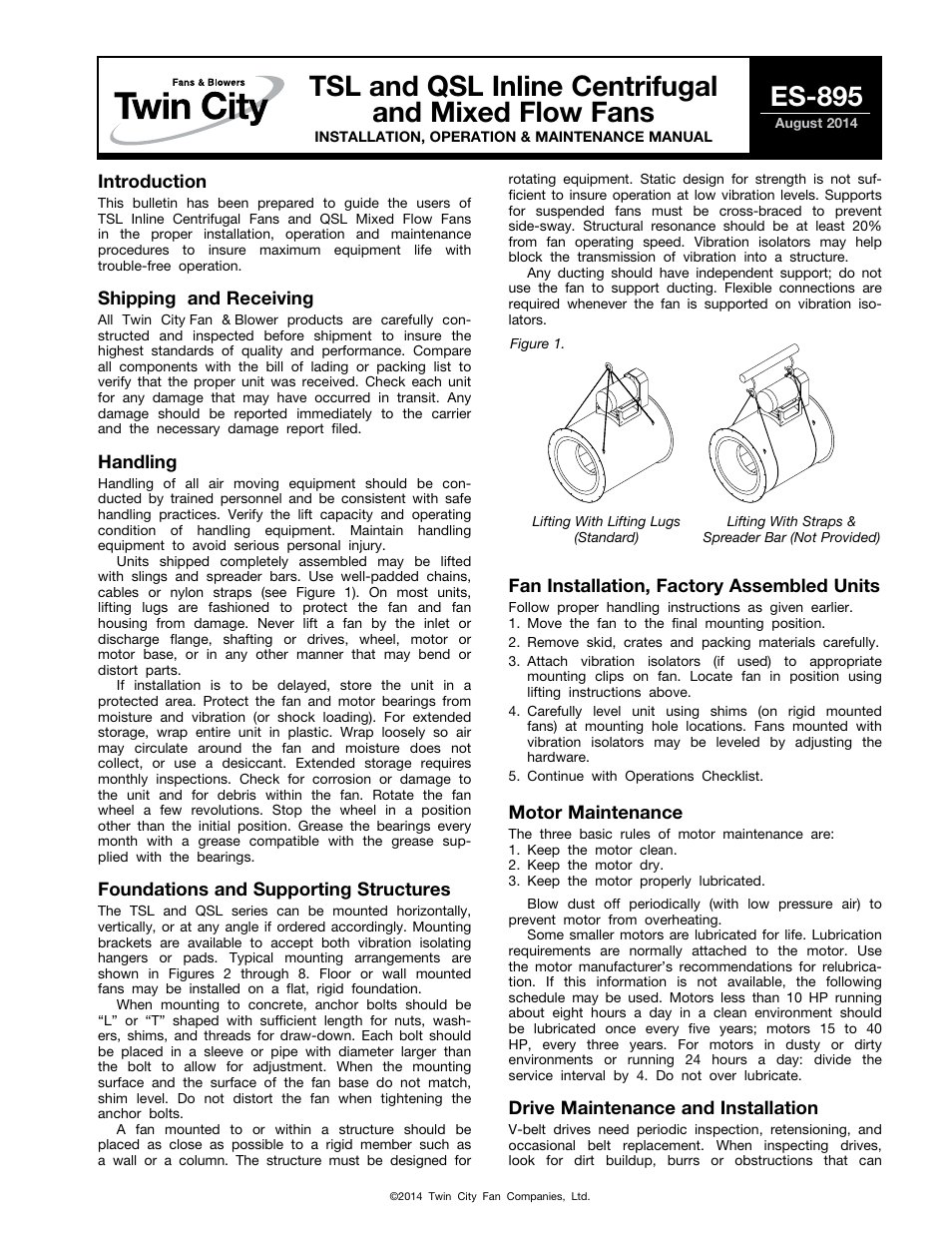 Twin City TSL & QSL; Inline Centrifugal and Mixed Flow Fans - ES-895 User Manual | 8 pages