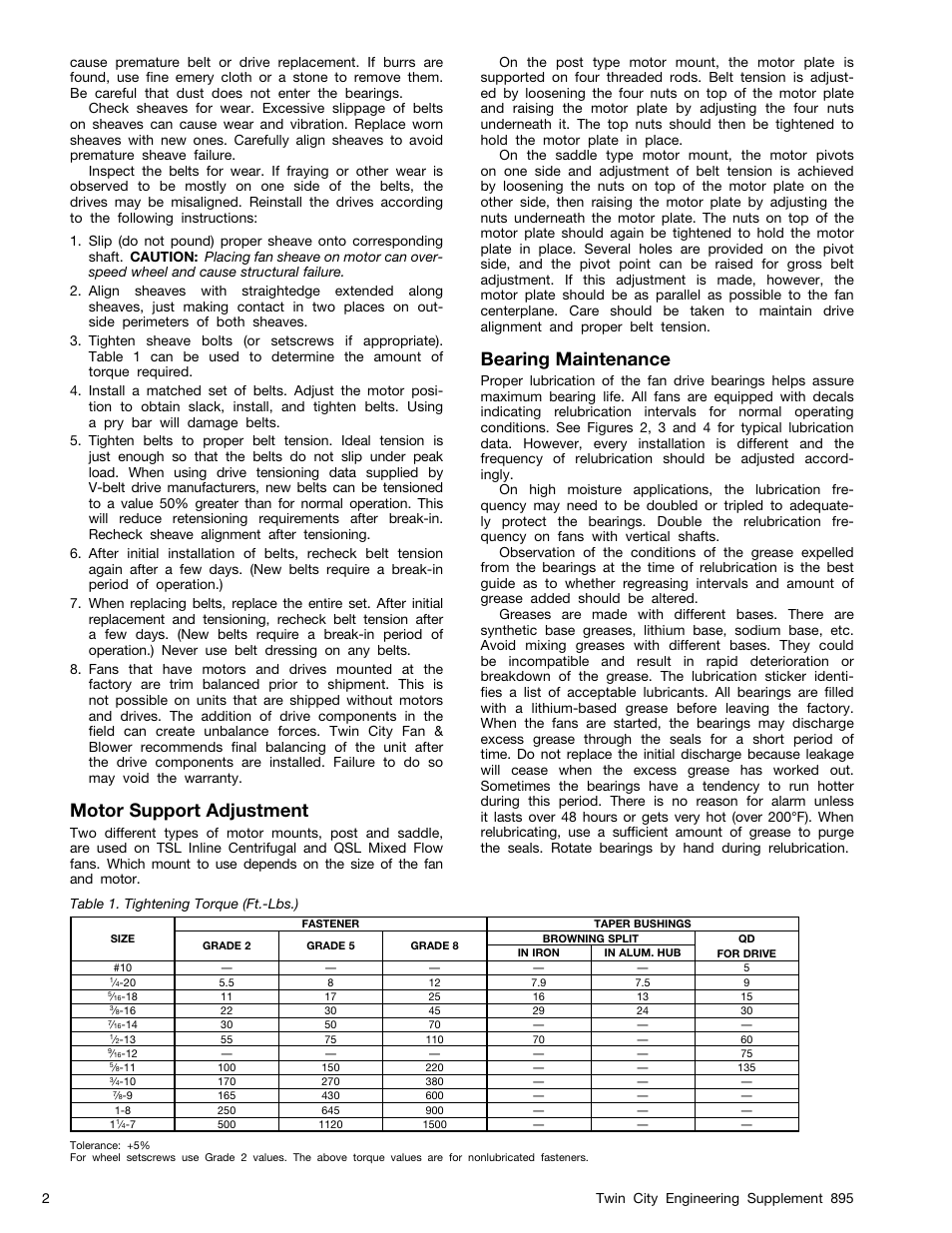 Motor support adjustment, Bearing maintenance | Twin City TSL & QSL; Inline Centrifugal and Mixed Flow Fans - ES-895 User Manual | Page 2 / 8