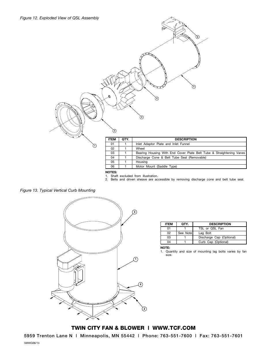 Figure 13. typical vertical curb mounting, Figure 12. exploded view of qsl assembly | Twin City TSL & QSL; Inline Centrifugal and Mixed Flow Fans - ES-895 User Manual | Page 8 / 8