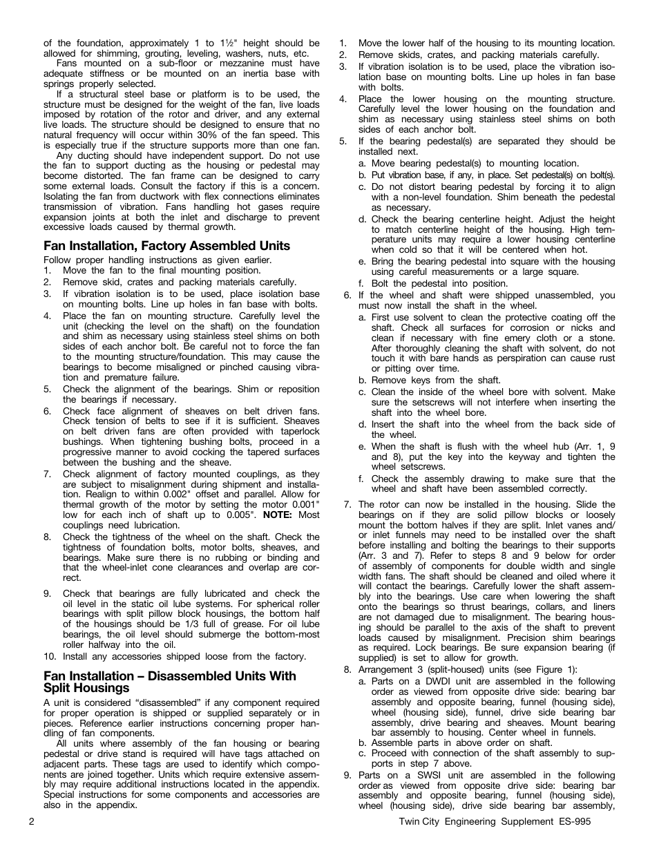 Fan installation, factory assembled units | Twin City Heavy Duty Centrifugal Fans - ES-995 User Manual | Page 2 / 8