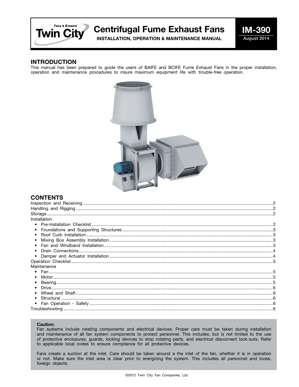 Twin City Centrifugal Fume Exhaust Fans - IM-390 User Manual | 8 pages