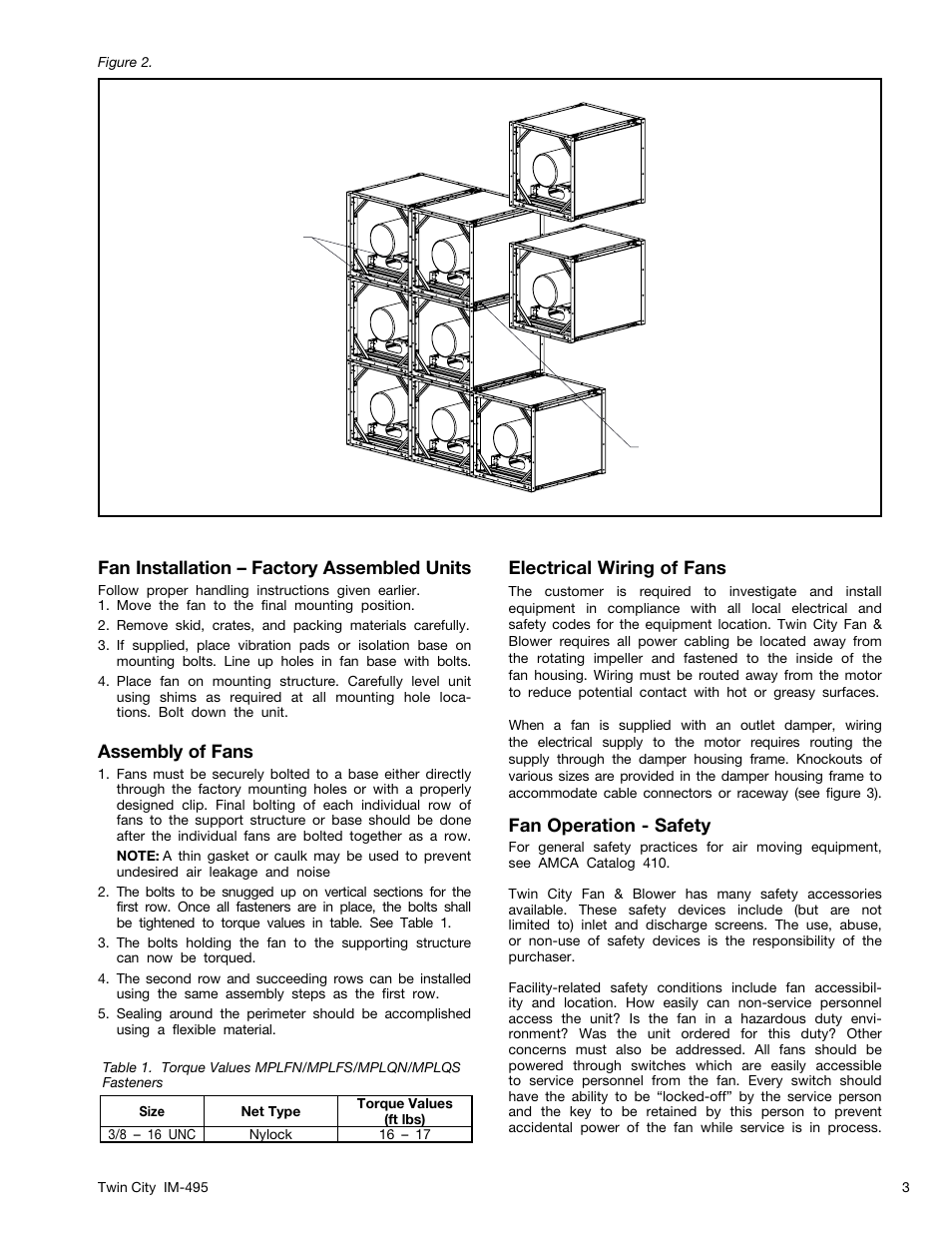 Fan installation – factory assembled units, Assembly of fans, Electrical wiring of fans | Fan operation - safety | Twin City Modular Plenum Fans - MPLFN / MPLFS / MPLQN / MPLQS - IM-495 User Manual | Page 3 / 7