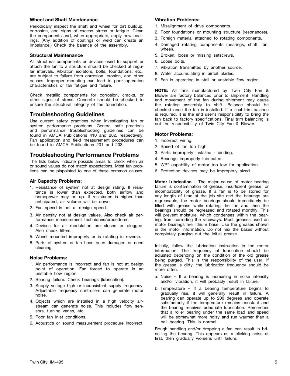 Troubleshooting guidelines, Troubleshooting performance problems | Twin City Modular Plenum Fans - MPLFN / MPLFS / MPLQN / MPLQS - IM-495 User Manual | Page 5 / 7